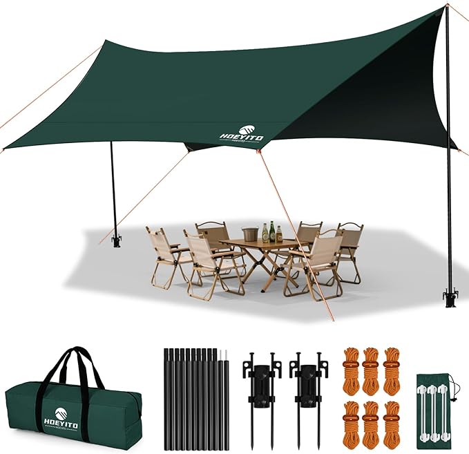 Camping Tarp with Poles &amp Retainer 15x12.5FT Large Waterproof Canopy 210D Oxford Cloth UPF80+ UV Sunshade Shelter Portable Car Awning for Outdoor Camping Hammock Backpacking &amp Beach (Gree