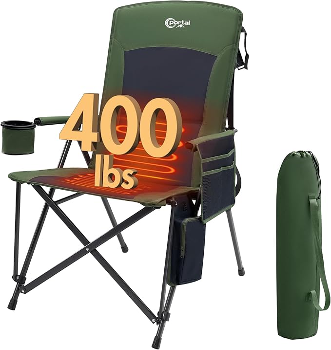 Portal Heated Camping Chairs for Adults Outdoor Sports Oversized Folding Lawn Chair with High Back Heavy Duty 400 Lbs Battery Not Included Green