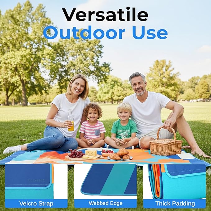 scuddles Extra Large Picnic Blanket – 60 x 80 Waterproof Outdoor Mat with Soft 3-Layer Comfort Cozy Fleece Top Foldable Design &amp Carry Strap for Beach Camping Parks &amp Hiking