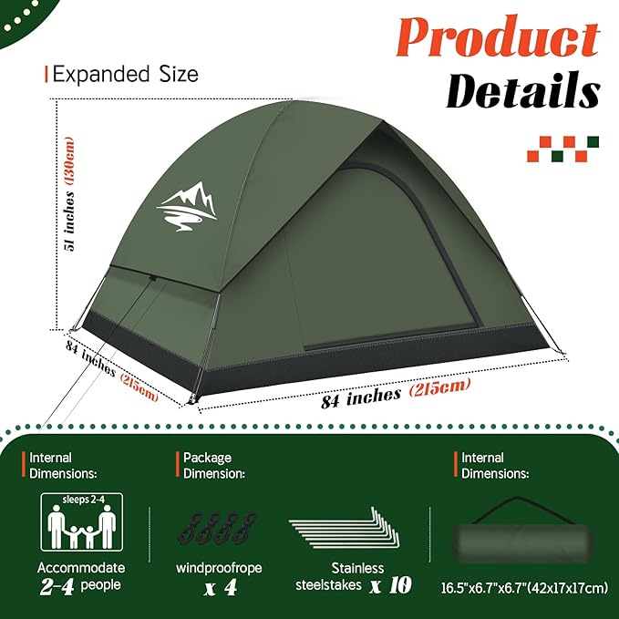 Tents for Camping 2/3/4 Person with Rainfly - Camping Tent Waterproof Windproof Easy Setup Portable Double Layer Outdoor Dome Tent Backpacking Tents for Adventure Backyard Hiking