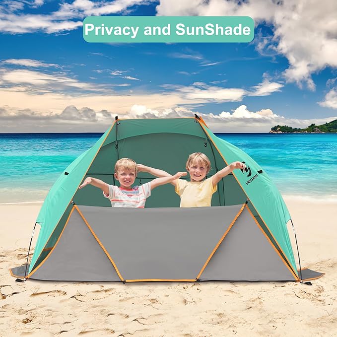 Beach Tent 3 Person Sun Shelter UPF 50+ with Extended Waterproof Pe Floor &amp 3 Mesh Roll Up Windows Fits Portable Beach Shade Easy Setup for Outdoor Camping Indoor Fishing Yard. (Green)