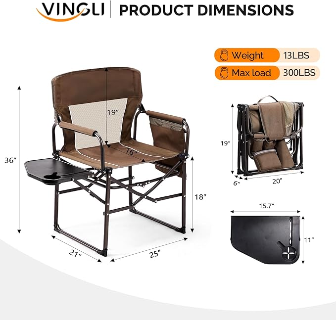 VINGLI Camping Chairs Directors Chair Camping Chair with Side Table &amp Carry BagHeavy Duty Camping Chairs for Adults Portable Folding Camping Chair Pocket for Beach FishingTripPicnicLawn-B