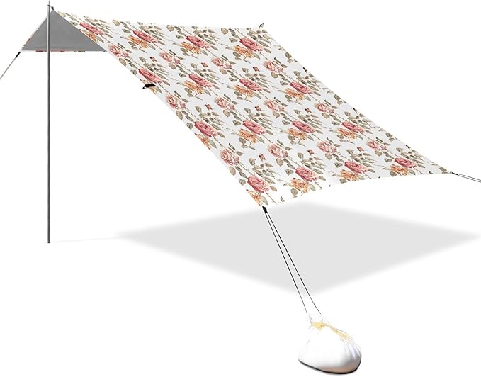 ALAZA Rose Flowers Watercolour Beach Tent Sun Shelter UPF50+ Protection Beach Shade Canopy w/ 4 Sandbags for Outdoor Camping Fishing Backyard Fun Picnic 10x9 ft