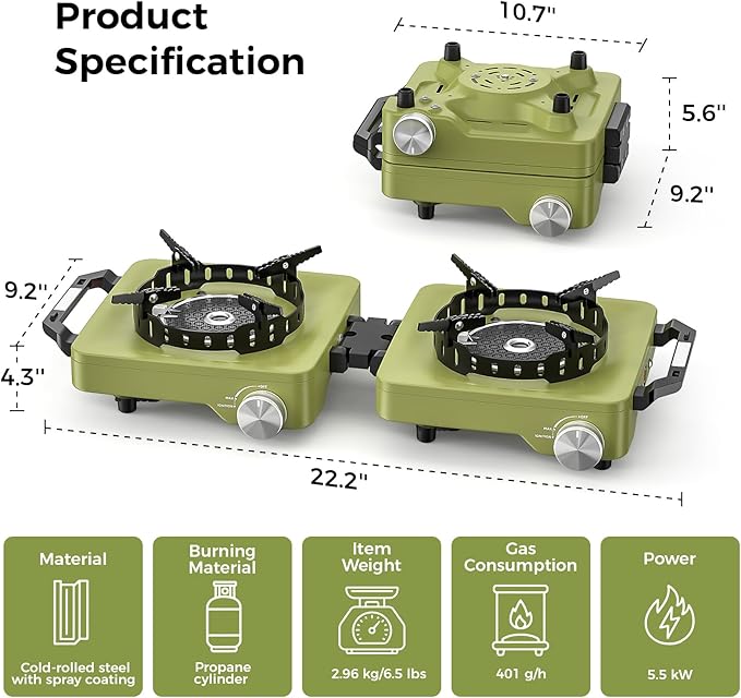 MoKo Propane Camping Stove 2 Burner 36000 BTU Infrared &amp Open Flame Hybrid Windproof Folding Portable Outdoor Gas Cooking Kit with Frying Pan &amp Carry Bag For RV Tailgating Survival Green