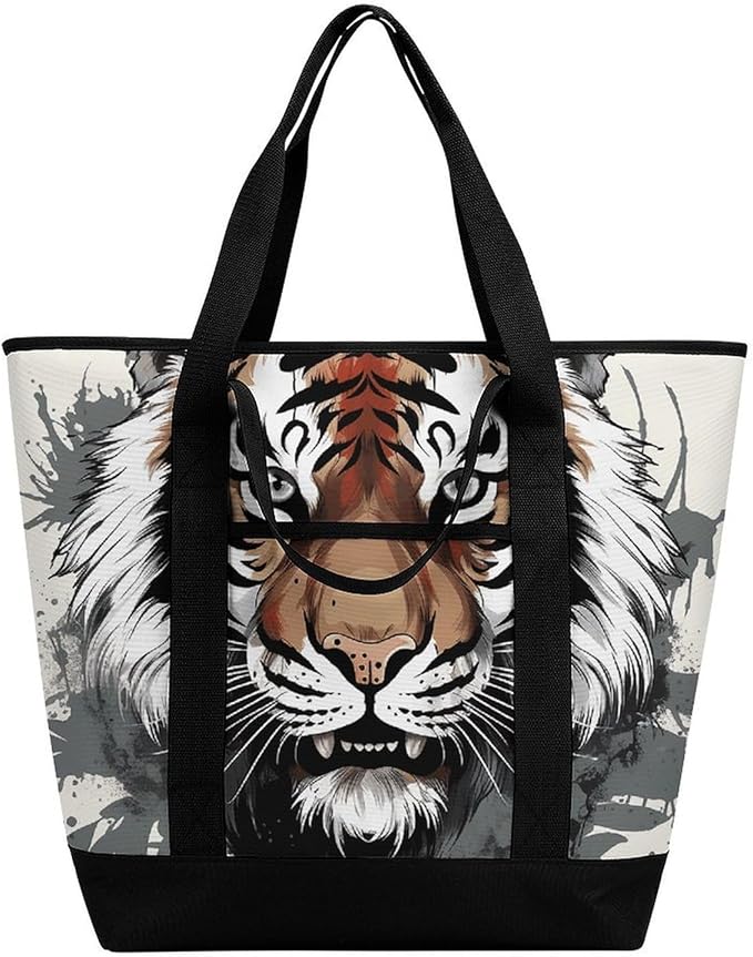 Insulated Shopping BagLarge Reusable Cooler Bags Black And White Doodle Tiger Printed Foldable Shopping BagTravel Waterproof Shoulder Bag