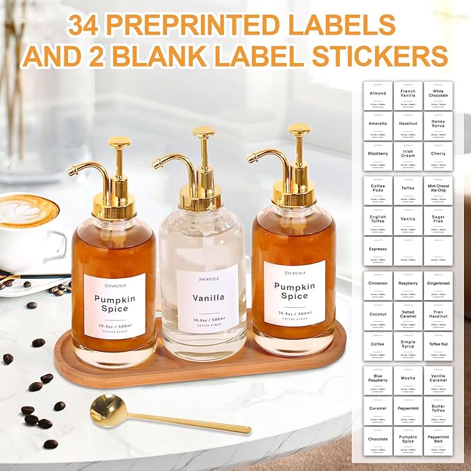 Coffee Syrup Dispenser for Coffee Bar 16.9oz 500ml Glass Syrup Dispenser w Golden Coffee Scoop Coffee Syrup Pump Dispenser w 36 Labels and Bamboo Tray Coffee Syrup Bottles with Golden Pump 3PCS