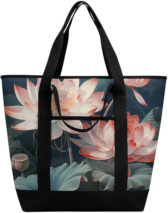 Insulated Shopping BagLarge Reusable Cooler Bags Dragonfly And Lotus Printed Foldable Shopping BagTravel Waterproof Shoulder Bag