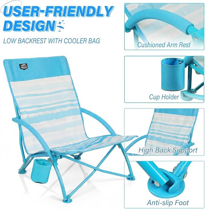 2 Pack Low Beach ChairFolding Recliner Camping Chair for AdultsLightweight Backpacking Low Seat Camping Chairs with Cup HolderCarry Bag for Outdoor Camp Lawn Picnic FestivalBlue Strip