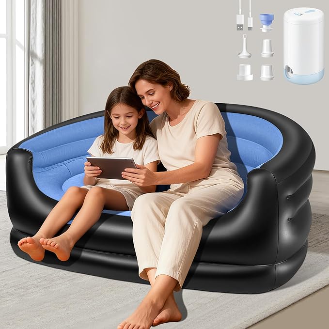 LanSuper Twin Size Inflatable Couch Blow up couch with PumpFlocked Surface Inflatable Chair for Adults Portable Air Sofa Inflatable Couch Waterproof Air CouchComfortable Blow up Couch for Camping