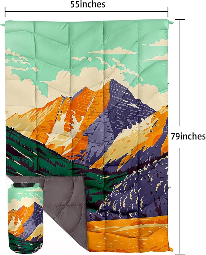 Outdoor Puffy Camping Blanket Lightweight Down Alternative Puffy Printed Camping Large Ultra Warm Hammock Top Quilt Waterproof Blanket for Traveling Picnic Beach Party Cold Weather (Peak)