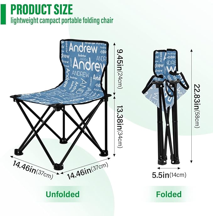 Sinestour Steel Blue Custom Folding Camping Chair for Teen Child Personalized Name 14.6×14.6in Portable Outdoor Chair with Carry Bag for Travel Picnic Barbeques