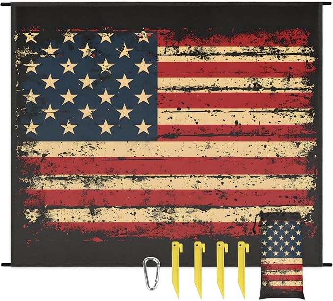 4th of July Beach Blanket Sandproof Beach Mat 68 x 59 Waterproof Quick Drying Sand Free Mat with 4 x Ground Spikes for Outdoor Travel Camping Hiking Vintage American Flag