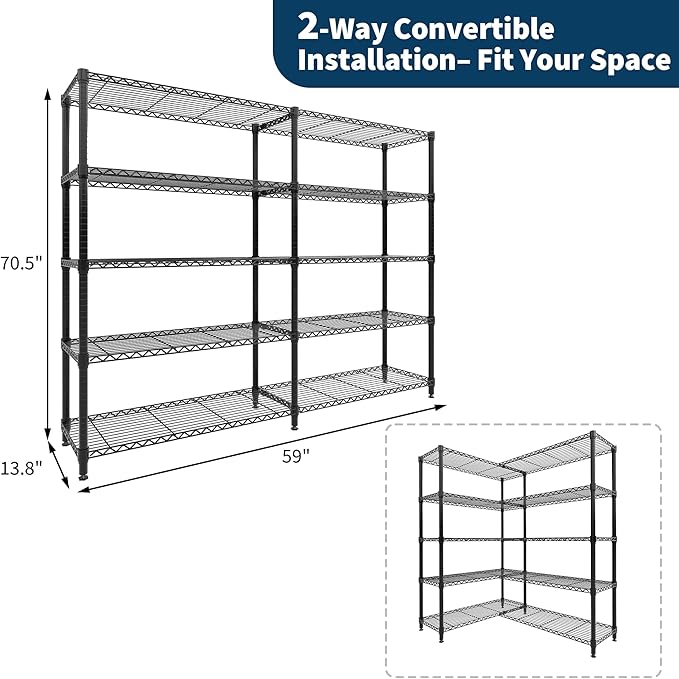 5-Tier Metal Wire Storage Rack for Food Service - Adjustable L-Shaped Industrial Shelving 1325 lbs Capacity Commercial Kitchen Pantry Garage 59W x 13.8D x 70.5H - 5 Floors Width 35