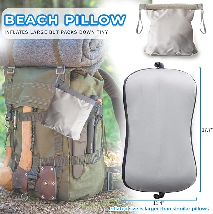 Couleurs Beach Pillow Inflatable Camping Pillow Pool Pillow Removable Pillowcase Ultralight Neck and Waist Support Suitable for Camping Hiking Backpacking (with Ice Pack-Grey)