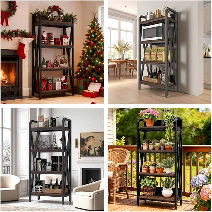 4-Tier Bakers Rack Storage Shelves Heavy-Duty Metal &amp Wood Kitchen Organizer with Easy Assembly for Garage Bathroom Entryway Home Storage