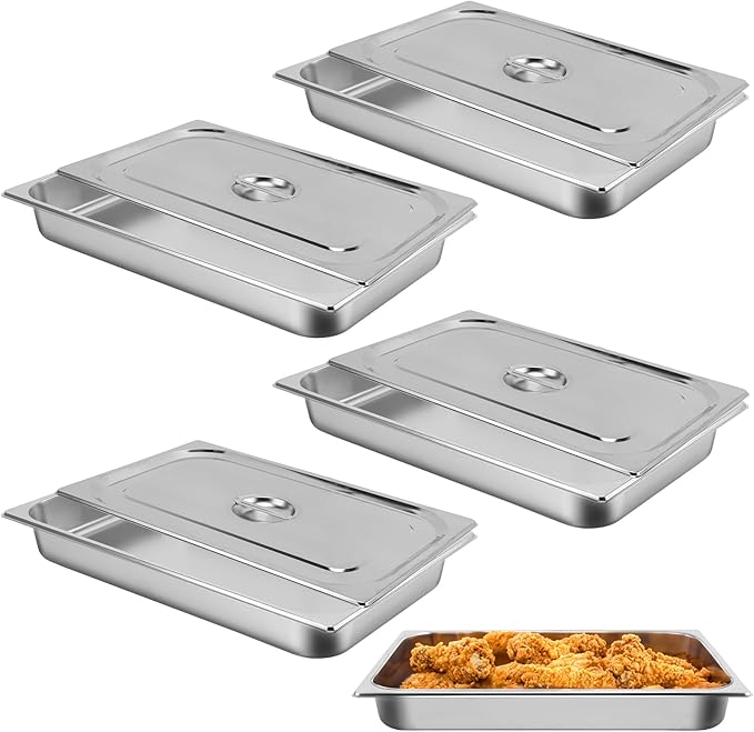 Hotel Pan Full Size Steam Table Pan 2.5 Deep Stainless Steel With Lid 20.8 L x 13 W Anti-Jam Buffet Commercial (4 Pack)