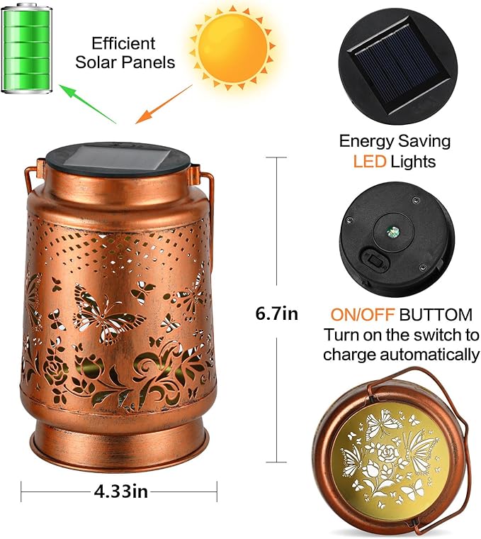 Solar Lanterns Outdoor Waterproof Butterfly Garden Decor Birthday Gifts for Women Mom Grandma Hanging Solar Lights Metal Lantern Decoration Outside for Yard Patio Backyard Porch