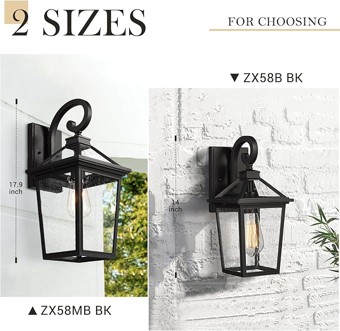 zeyu 18 Inch Outside Light Fixture Exterior Wall Lighting Fixture for House Porch Die-Cast Aluminum with Seeded Glass Black Finish ZX58MB BK