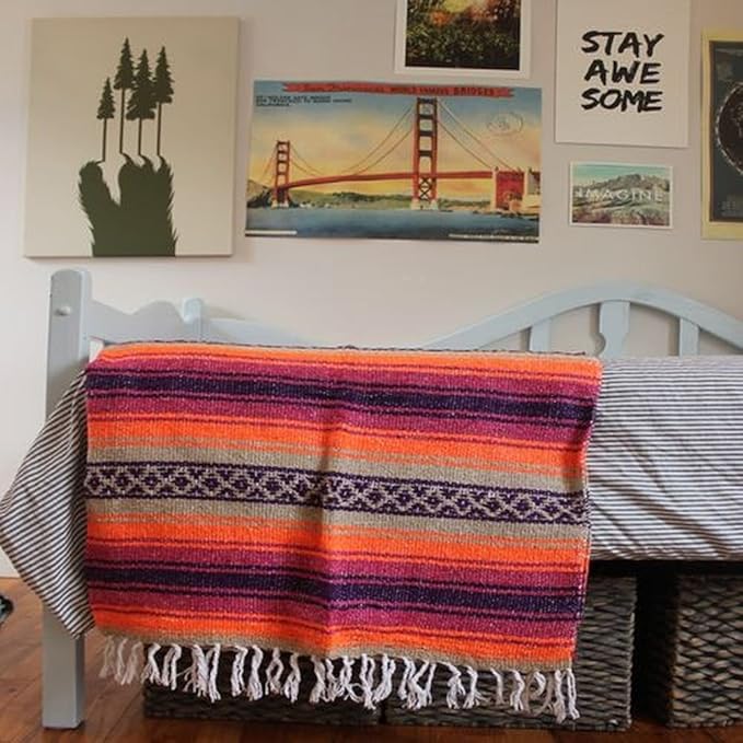 Del Mex Classic Mexican Blanket Large Authentic Woven Falsa Throw (70x50) Artisan Southwest Décor for Beach Yoga Outdoors (Pink/Orange)
