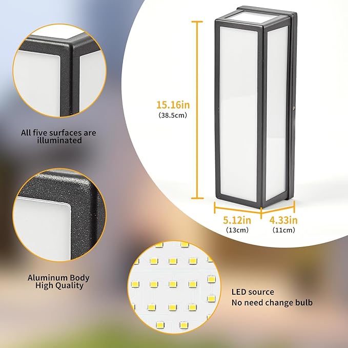 50W 15.16inch LED Outdoor Wall Sconce Light Black Aluminum 5000LM Super Bright Super Long Rectangle IP65 Waterproof Exterior Lighting for House Patio Porch Yards