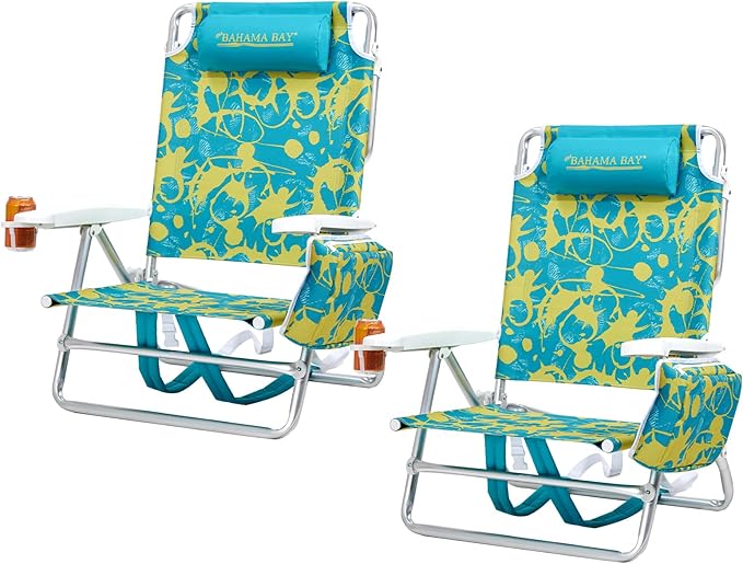 Old Bahama Bay Backpack Beach Chair 2 Pack Aluminum Lightweight Reclining 5-Position Lounge Chair for Adults Heavy Duty Support 400 LBS Portable Folding with Cooler Bag Camping Chair for Sand Outdoor