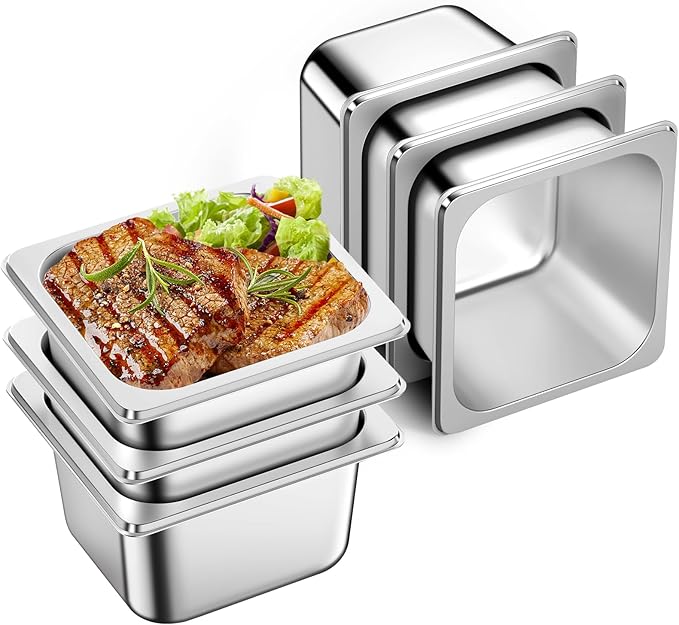 6 Pack Hotel Pans 1/6 Size 4 Inch Deep Steam Table Pan Stainless Steel Commercial Food Pan Anti Jam Steam Pan Breading Trays for Hotel Party Buffet Catering Supplies