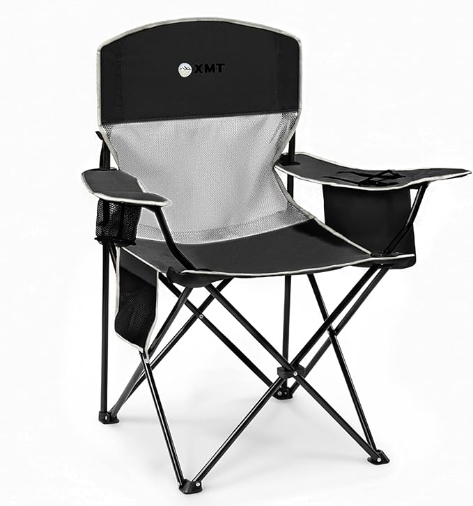 Portable Outdoor Folding Chair with Cup Holder &amp Cooler Bag - Breathable Mesh Wide Armrests Ergonomic Design for Camping Beach Backyard - Includes Storage Bag &amp Bottle Opener (Black/Green/