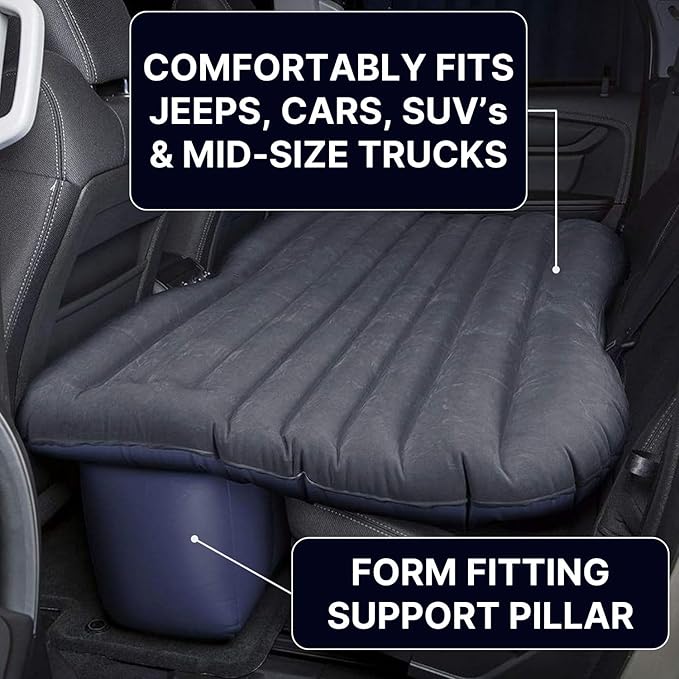 AirBedz by Pittman Outdoors - Inflatable Rear Seat Air Mattress Black - 55 Wide - Mid-Size Fits Jeeps Car SUV’s &amp Mid-Size Trucks Comes with Portable DC Air Pump
