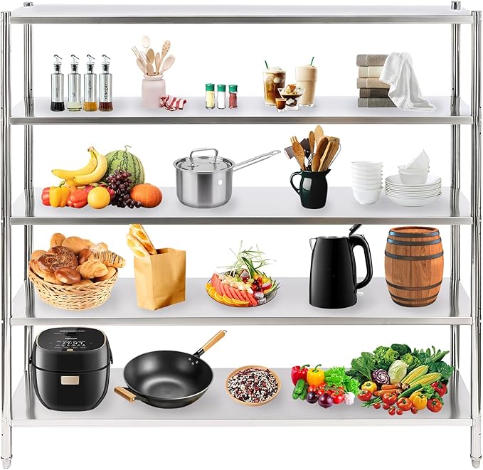 Stainless Steel Shelving 5 Tier Utility Bakers Racks Adjustable Shelf Storage Heavy Duty Shelving for Kitchen Commercial Office Garage Storage Laundry Room Organization (5-Tier 70*17*70in)