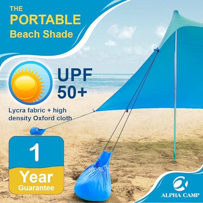 ALPHA CAMP Beach Tent Canopy Portable Sun Shelter Sun Shade 7x7 FT with Sandbag Anchors 2 Pole Pop Up Outdoor Shelter Family Size for Beach Camping Fishing Backyard Picnics - Blue