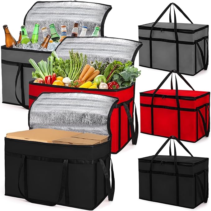 AVLA 3 Pack Insulated Food Delivery Bag 77L XXX-Large Reusable Grocery Tote Insulation Bag Collapsible Commercial Food Warmer Cooler Bags with Strong Handle Zipper for Catering Shopping Travel