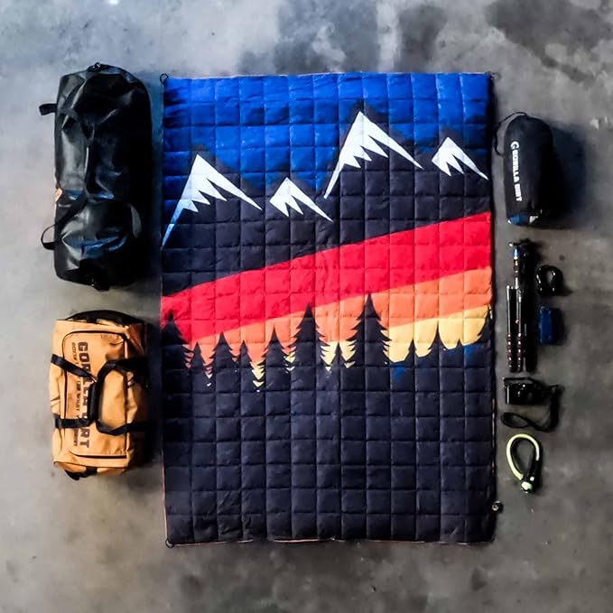 Gorilla Dirt Color Stripe Mountains Puffy Adventure Camp Blanket | Weather Resistant Compressible | Use Outdoors and Indoors | Adventure Ready