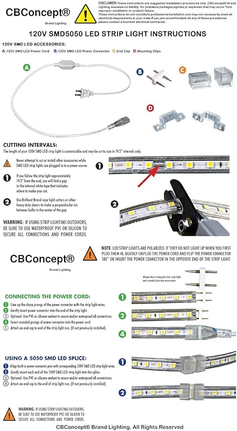 CBConcept UL Listed 164 FeetSuper Bright 45000 Lumen 6000K Pure White Dimmable 110-120V AC Flexible Flat LED Strip Rope Light Commercial Grade Indoor Outdoor use Ready to plug n shine