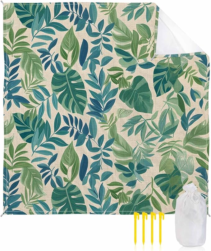Summer Tropical Plant Beach Blanket Waterproof Sandproof Blue Green Leaf Vintage Linen Beach Mat Quick Drying Outdoor Picnic Mat 83 x 79 for 1-4 Adults Essentials for Travel Camping Hiking