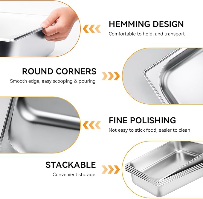 4 Pack Hotel Pans 1/1 Full Size 4’ Deep Steam Table Pan with Lid 21 L x 13 W Commercial Stainless Steel Pan Food Containers Catering Supplies Buffet Display