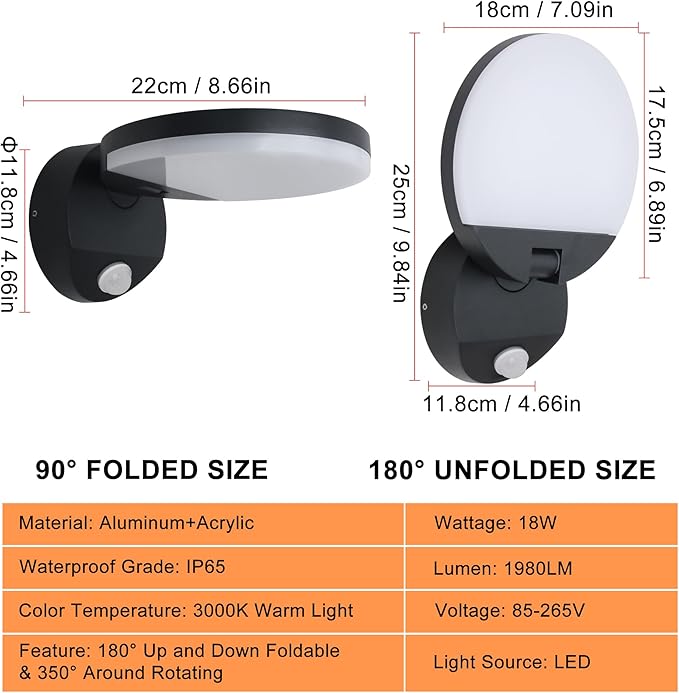 Motion Sensor Outdoor Wall Light 18W 1980LM Black Round LED Porch Lights IP65 Waterproof Wall Sconce Lighting 350°Rotating 180° Foldable Exterior Patio Wall Light Fixture for House