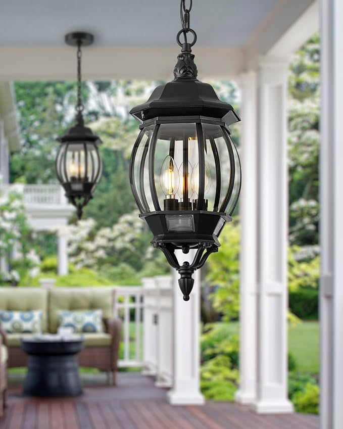VIANIS 3-Light Large Pendant Light Fixtures Modern Exterior Hanging Lantern Light Waterpoof Matter Black Outdoor Chandelier for Porch with Adjustable Chain Outdoor Ceiling Lights for Front Patio