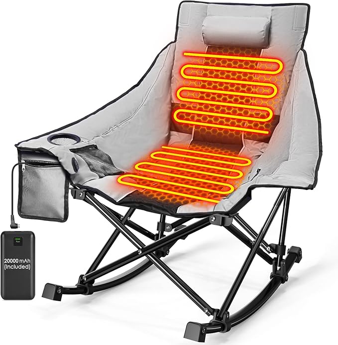 Slendor Oversized Heated Camping Chair with 2000mAh Battery Padded &amp Pillow Heated Rocking Chair 3 Adjustable Heat Settings Camping Rocker Chair for Easy Setup and Foldable Storage