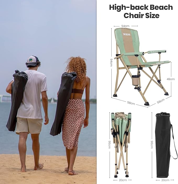 XGEAR Camping Chair Hard Arm High Back Lawn Chair Heavy Duty with Cup Holder for Camp Fishing Hiking Outdoor Carry Bag Included