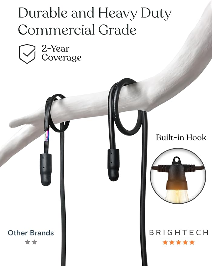 Brightech 48 (42+6) FT Ambience Pro Outdoor Solar String Lights - Bright Remote Control Color Adjustable Solar Light - Commercial Grade 15 Waterproof LED Bulbs for Patios Camping Yard Outside