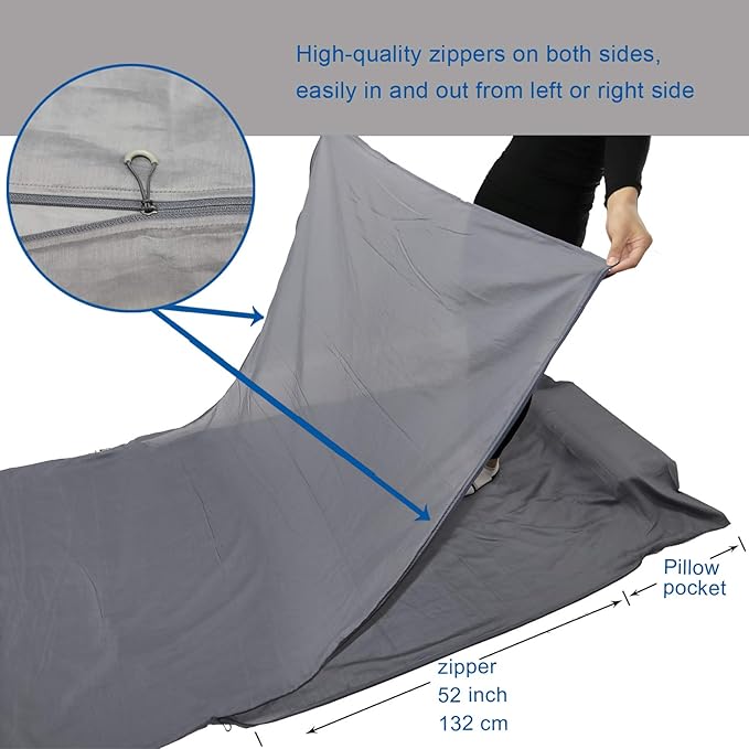 Browint Silk/Cotton Travel Sheet with Double Zippers 87x43 Extra Wide Sleep Sack for Hotels Lightweight Sleeping Bag Liner for Camping Traveler Rectangular with Pillow Pocket …