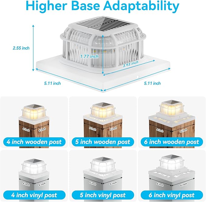 Solar Post Light 12 Packs with 4x4 5x5 and 6x6 Inches Base for Vinyl/Wooden Posts Bright 16 LEDs Solar Cap Lights with Two Light Modes for Decorating Deck Patio Porch Fence (White)
