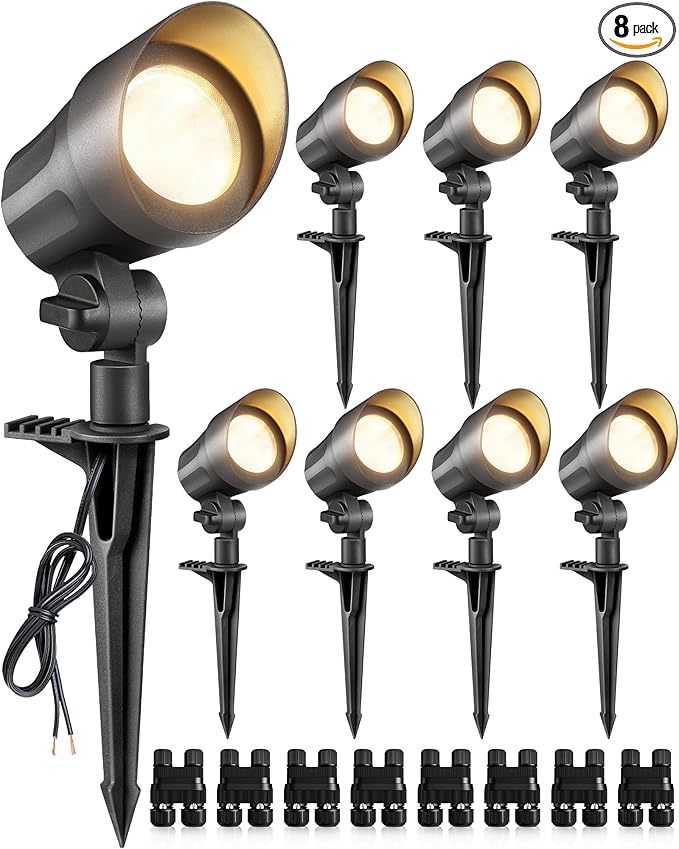 SUNVIE 6W LED Landscape Lights Low Voltage Landscape Lighting with Connectors Warm White Landscape Spotlights Outdoor 12-24V Waterproof Yard Garden Lights Wired Tree Wall Landscape Spotlights 8 Pack