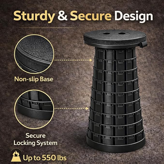 Panus [Cushioned Storage case] Telescoping Folding Camping Stool with Carrying Case Portable Adjustable Height Outdoor Chair 1-Second Setup Compact Lightweight for Camping Fishing Hiking (Black)
