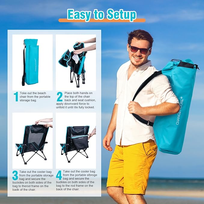 CHANGE MOORE Low Beach Chair with 2-in-1 Cooler Bag 1 Pack Support up to 300lbs Folding Beach Chairs for Adults with Cup Holder Removable Pillow &amp Carry Bag for Outdoor Sand Lawn Picnic Travel B