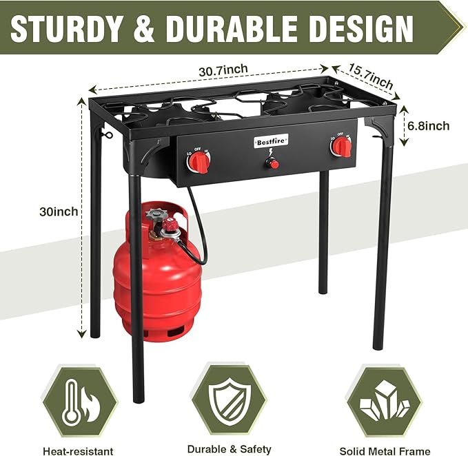 BESTFIRE 2 Burner Camping Stove150000 BTU High Pressure Outdoor Propane4ft 20 PSI Adjustable Regulator Hose With Removable Legs for Backyard Cooking Camping Home
