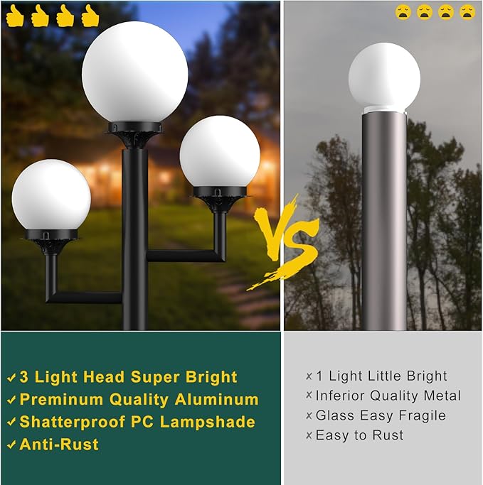 79'' Outdoor Post Lights Waterproof Triple Head Street Light Pole Lamp for Outside3Pcs 10W LED Bulbs Included Waterproof Outdoor Post Light Fixtures for Garden/Yard/Patio/Driveway