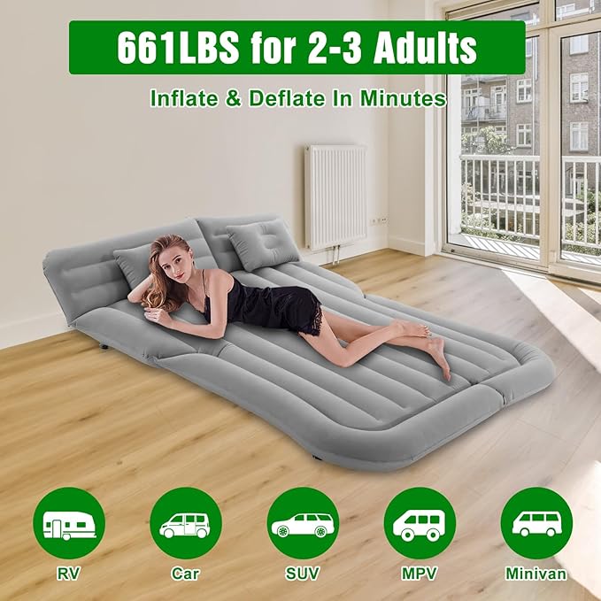 Suv Air Mattress Car Mattress Truck Bed Mattress Car Camping Mattress with 6 Separate Chambers Inflatable Car Bed with 2 Pillows &amp Electric Pump Thickened and Double-Sided Flocking (Grey)