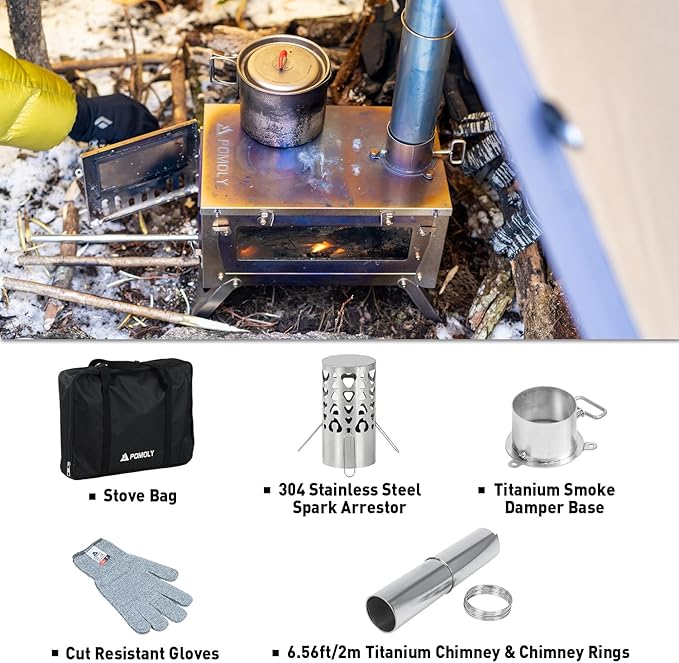 POMOLY Chalet 70 Pro Camping Hot Tent Cabin Tent and UltraFold Mini 0.6 Titanium Wood Stove