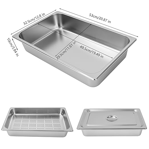 A Set of Full Size 4 in Steam Table Pan and 2.6in Perforated Pan with Lid Hotel Pan Food Warmer Pan Buffet Tray Servers Pans for Catering Kitchen Restaurant Supplies